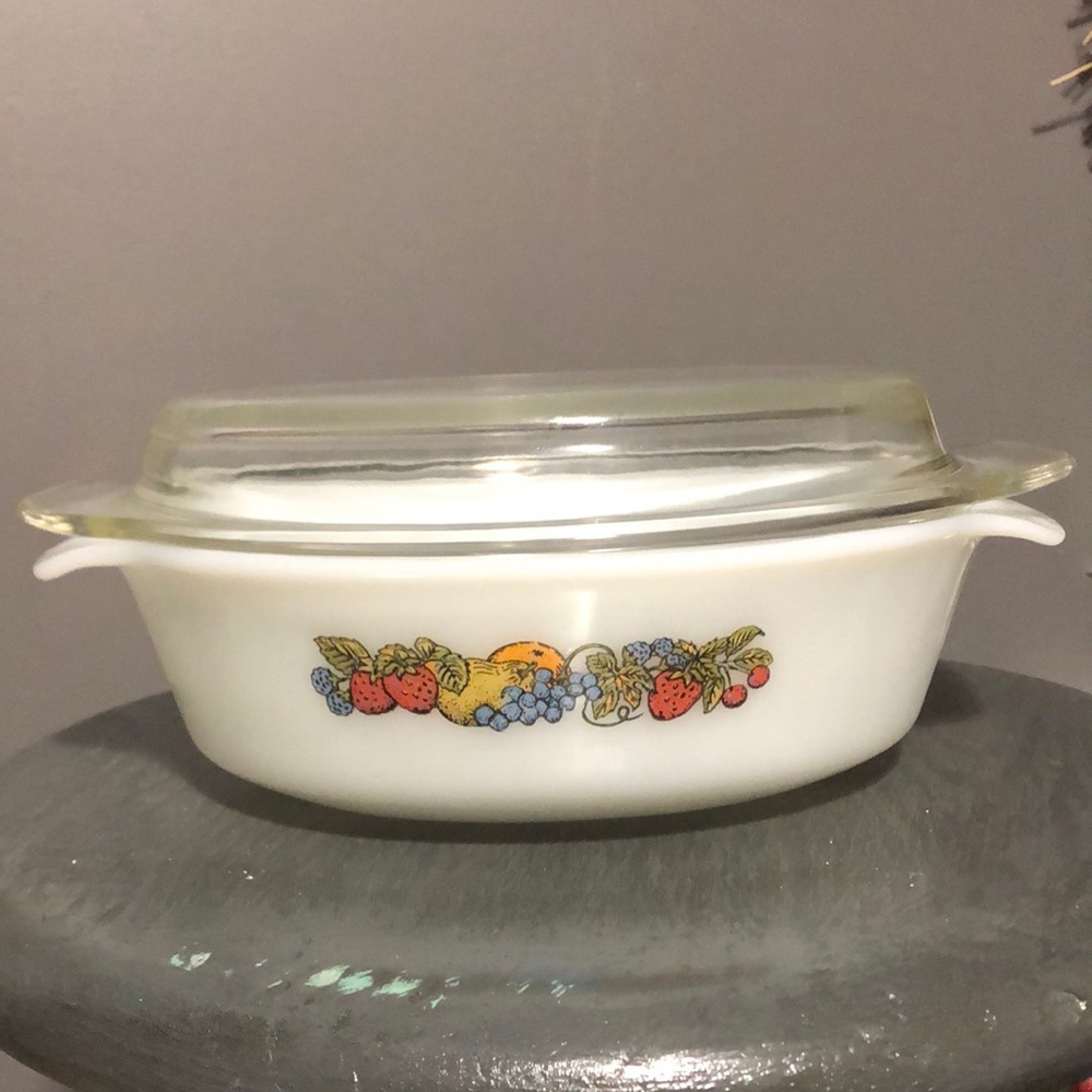 Anchor Hocking Fruit Harvest Fire King casserole bowl & lid